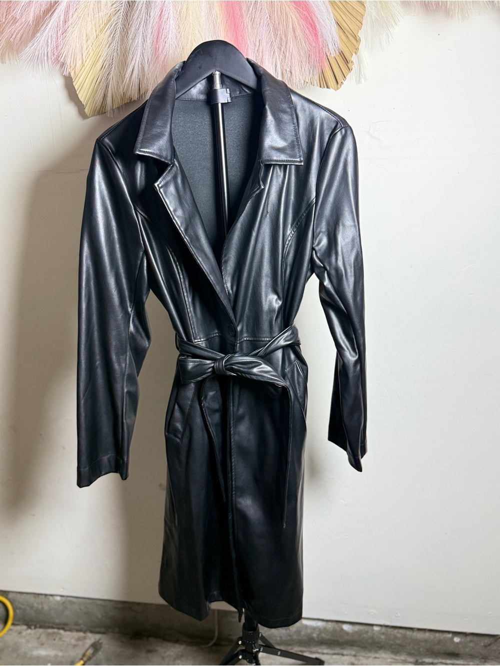 SHEIN Black Faux Leather Tie-Waist Trench Coat